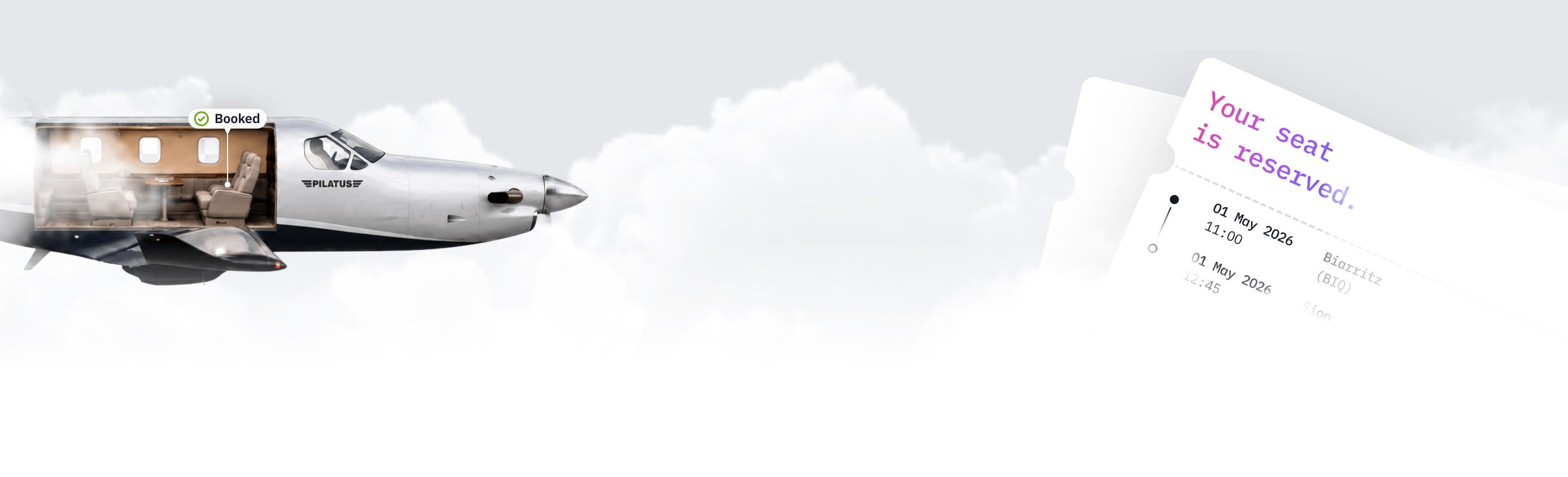 Private jet with a reserved-seat boarding pass